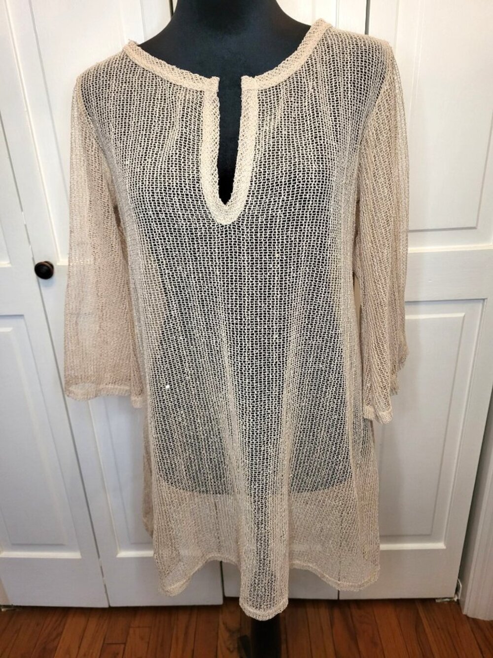 Jordan Taylor Tan Thin Crochet Sweater Tunic Mini Dress Sequins L Boho Fairy